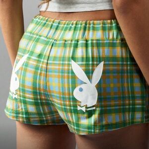 PLAYBOY/ Misguided Green and Yellow Plaid Athletic Shorts